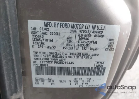 2002 Ford F-350 Lariat/Xl/Xlt z USA, uszkodzony, nr VIN 1FTSX31F02ED19445